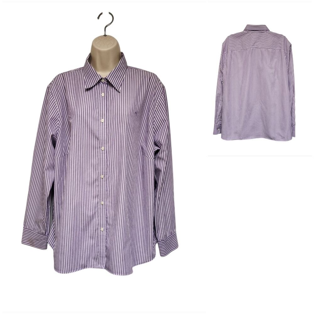 Lauren By Ralph Lauren Women Striped White/Purple Button Down Non Iron Blouse 2X